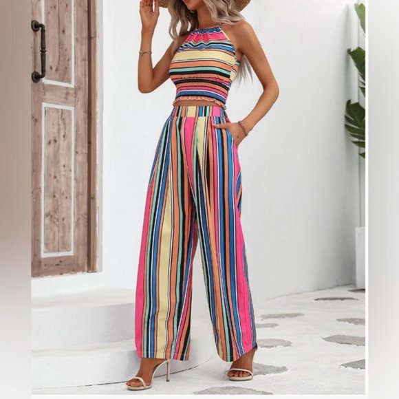 By Design Pants - LAST ONE 🔥 Boho Striped Print Halter Top & Wide Leg Pants